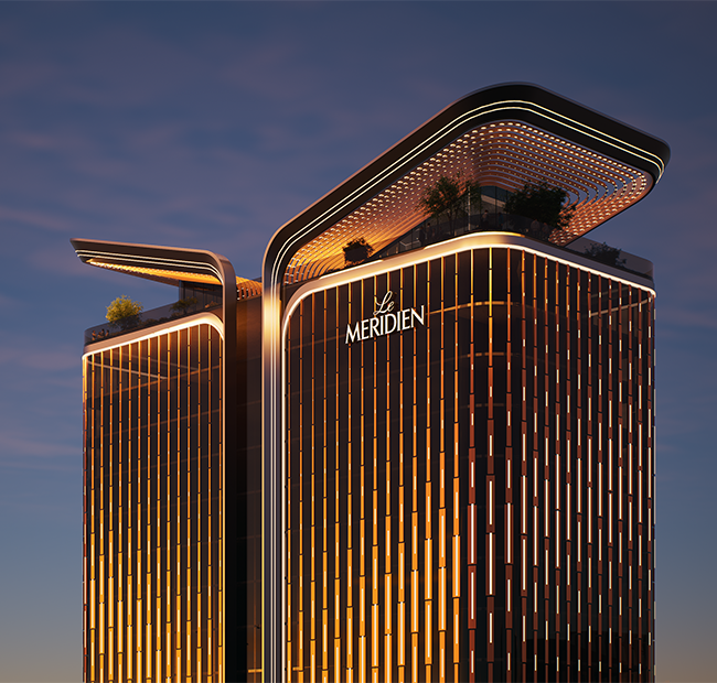 Le Meridien by Newstone facade at golden hour
